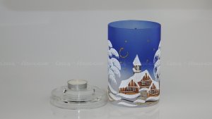 Christmas Decorated Glass Cylinder for Tea Light Blue Class 01